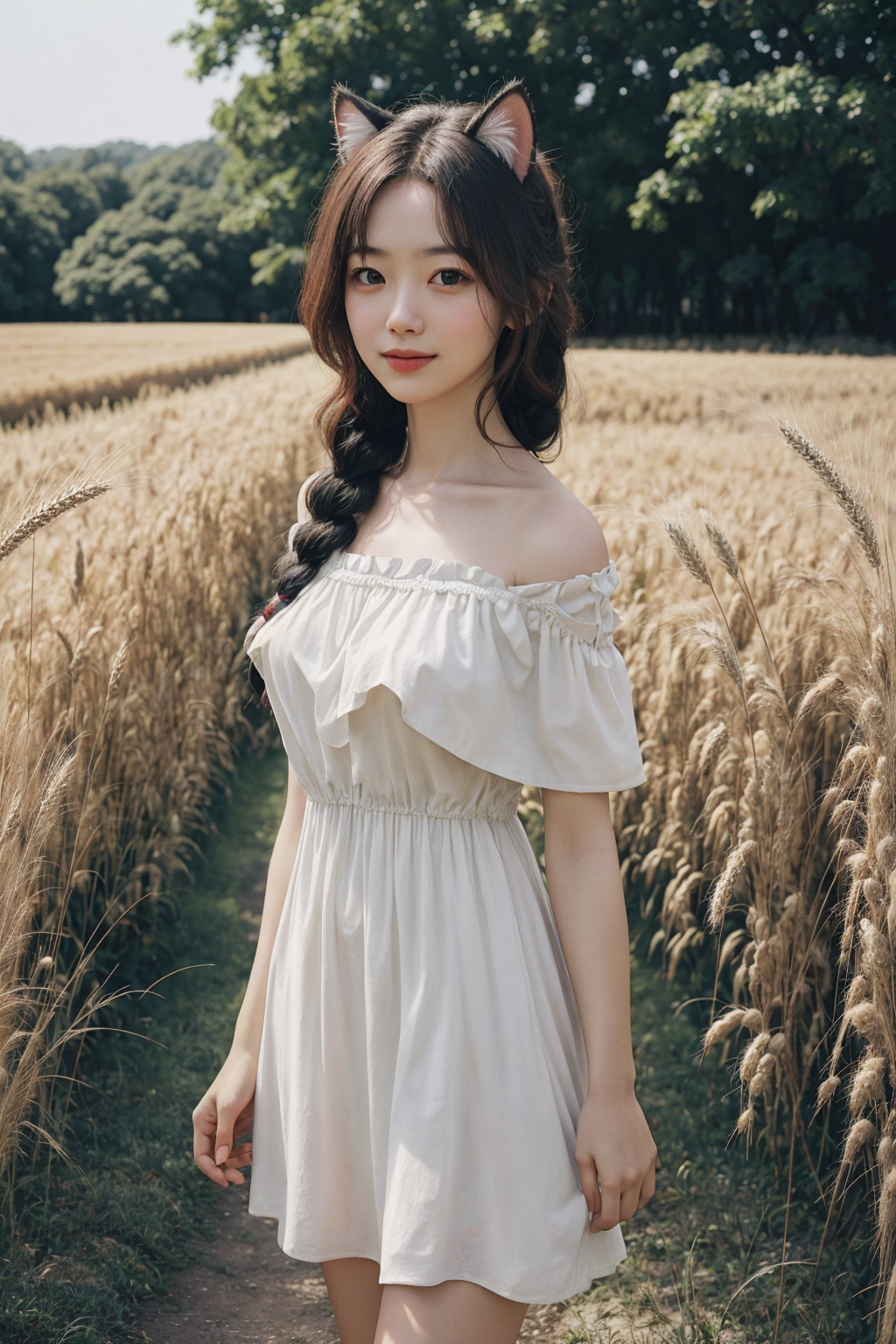 00217-4178159877-young 1girl with braided hair and fluffy cat ears, dressed in Off-Shoulder Sundress, standing in a rustic farm setting. She has.png